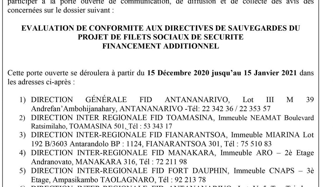 EVALUATION DE CONFORMITE AUX DIRECTIVES DE SAUVEGARDES DU PROJET DE FILETS SOCIAUX DE SECURITE FINANCEMENT ADDITIONNEL EVALUATION DE CONFORMITE AUX DIRECTIVES DE SAUVEGARDES DU PROJET DE FILETS SOCIAUX DE SECURITE FINANCEMENT ADDITIONNEL